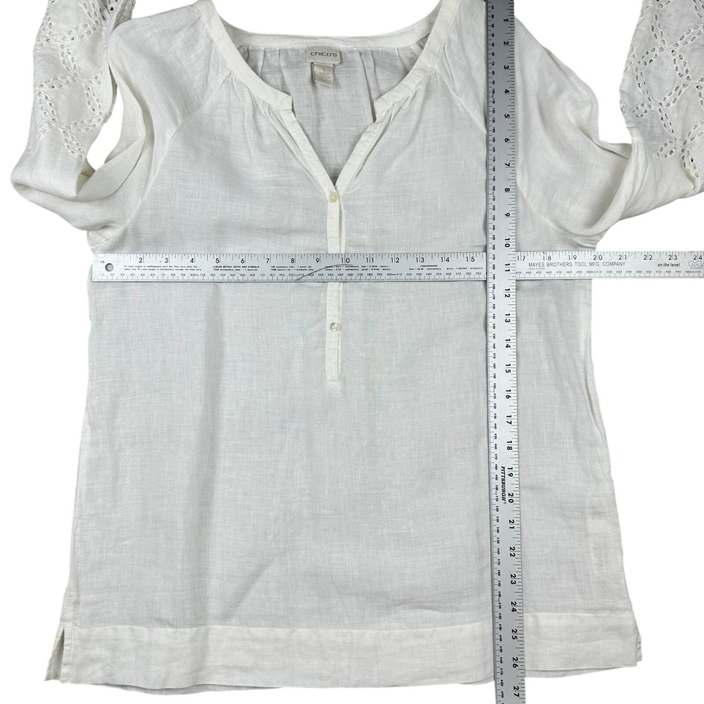 Gorgeous Chicos White 100% Linen Eyelet scalloped Bell Sleeve Tunic Top Sz 1 Med - Picture 16 of 16